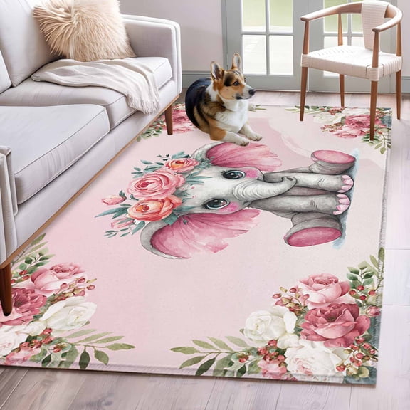 3'x5' Rug for Living Room Bedroom, Pink Elephant Washable Area Rugs Non-Slip Carpet Mats, Cute Wildlife Animals Watercolor Flowers Indoor Low Pile Area Rug Runner for Kitchen, Mudroom