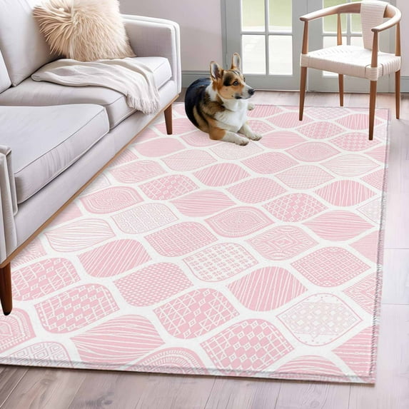 3'x5' Rug for Living Room Bedroom, Pink Geometric Washable Area Rugs Non-Slip Carpet Mats, Morocco Modern Simple Abstract Aesthetic Indoor Low Pile Area Rug Runner for Kitchen, Mudroom