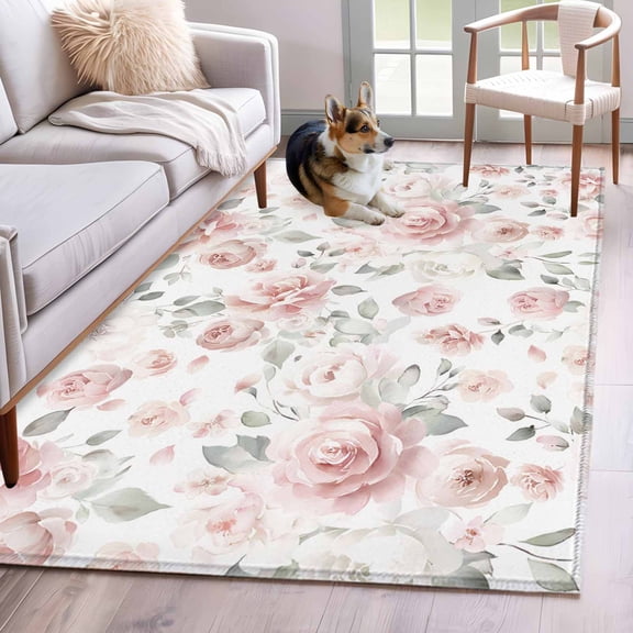 3'x5' Rug for Living Room Bedroom, Pink Rose Washable Area Rugs Non-Slip Carpet Mats, Modern Simple Romantic Flowers Floral Leaves Indoor Low Pile Area Rug Runner for Kitchen, Mudroom