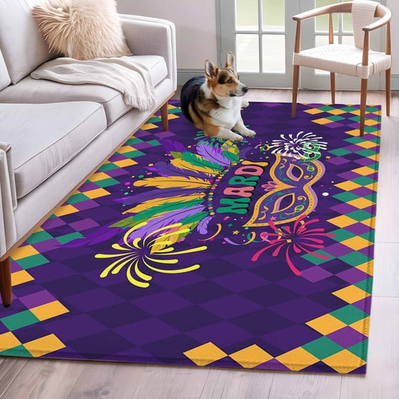 3'x5' Rug for Living Room Bedroom, Purple Carnival Washable Area Rugs Non-Slip Carpet Mats, Modern Geometric Feathers Ethnic Indoor Low Pile Area Rug Runner for Kitchen, Mudroom