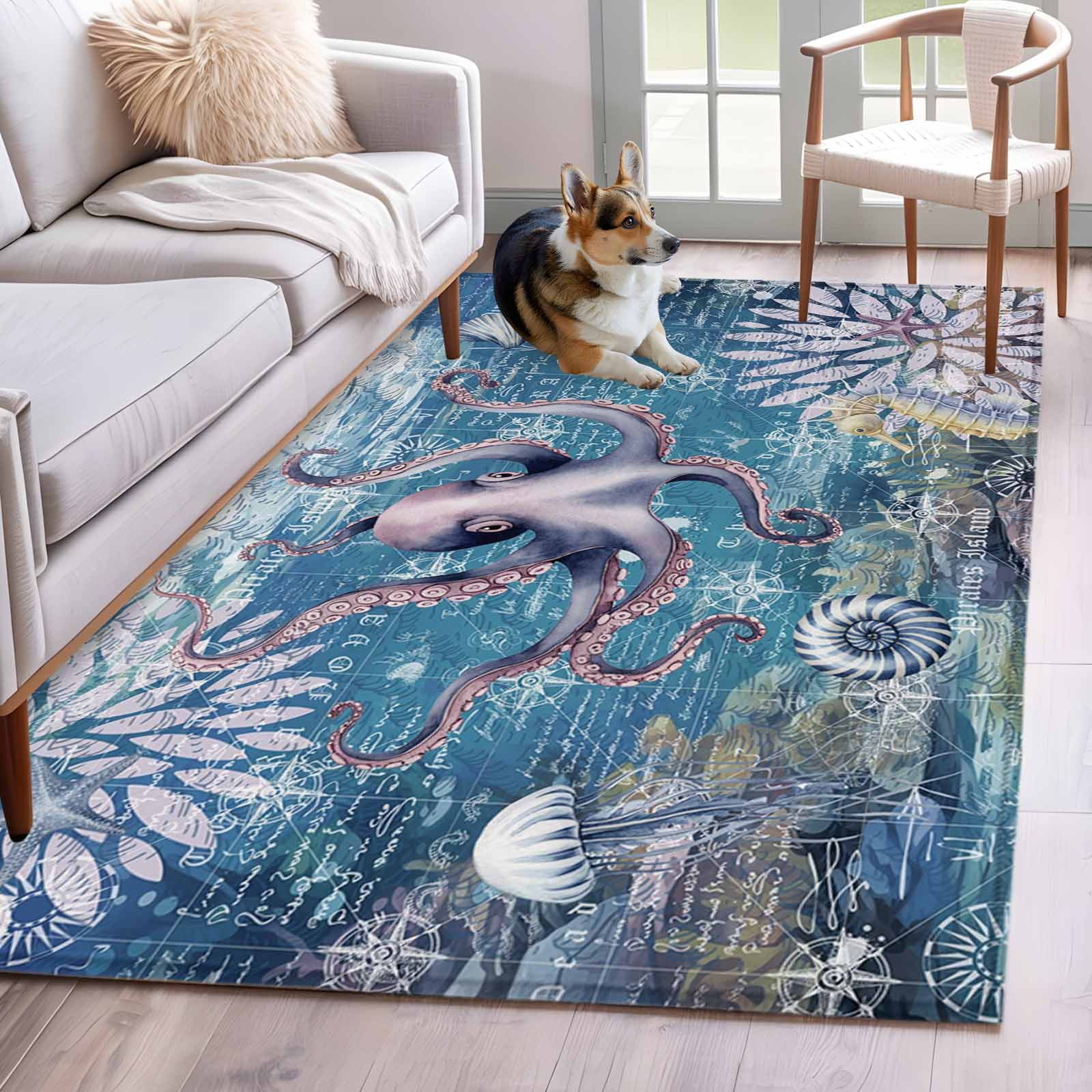3'x5' Rug for Living Room Bedroom, Purple Octopus Coastal Washable Area ...