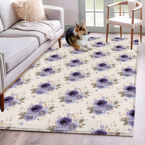 3'x5' Rug for Living Room Bedroom, Purple Spring Floral Washable Area Rugs Non-Slip Carpet Mats, Farmhouse Flowers Modern Art Indoor Low Pile Area Rug Runner for Kitchen, Mudroom
