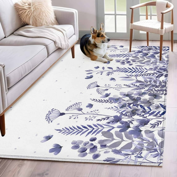 3'x5' Rug for Living Room Bedroom, Purple Spring Floral Washable Area Rugs Non-Slip Carpet Mats, Watercolor Elegant Pastoral Flowers Indoor Low Pile Area Rug Runner for Kitchen, Mudroom