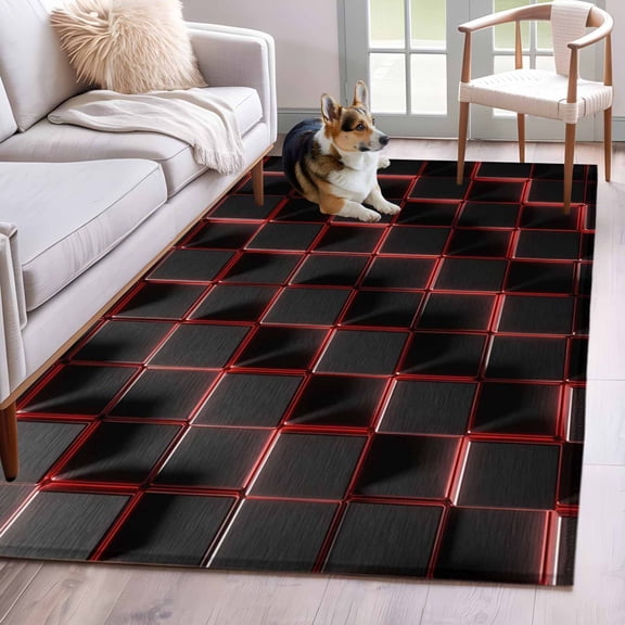 3'x5' Rug for Living Room Bedroom, Red Black Cubes Washable Area Rugs Non-Slip Carpet Mats, Modern Geometric Abstract Art Indoor Low Pile Area Rug Runner for Kitchen, Mudroom