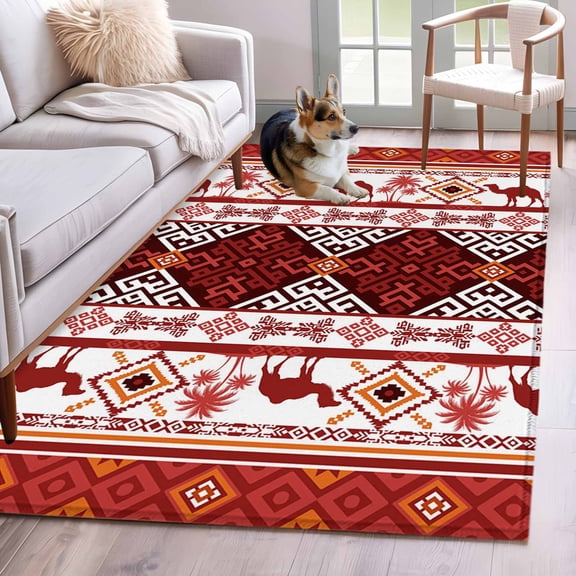 3'x5' Rug for Living Room Bedroom, Red Boho Washable Area Rugs Non-Slip Carpet Mats, Southwestern Aztec Palm Tree Animals Patterned Indoor Low Pile Area Rug Runner for Kitchen, Mudroom