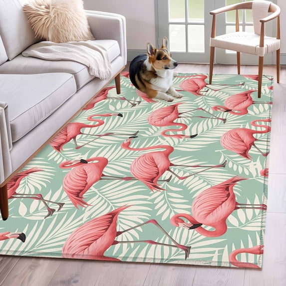 3'x5' Rug for Living Room Bedroom, Red Flamingo Washable Area Rugs Non-Slip Carpet Mats, Summer Tropical Plants Leaves Botanical Green Indoor Low Pile Area Rug Runner for Kitchen, Mudroom
