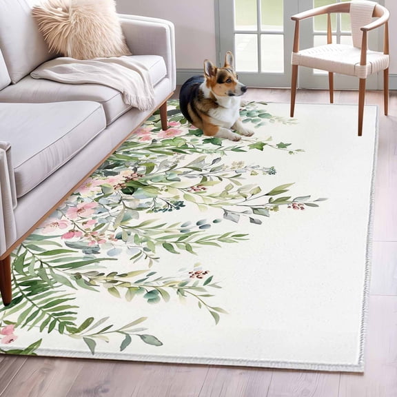 3'x5' Rug for Living Room Bedroom, Sage Green Eucalyptus Washable Area Rugs Non-Slip Carpet Mats, Summer Spring Weeping Leaves Botanical Indoor Low Pile Area Rug Runner for Kitchen, Mudroom