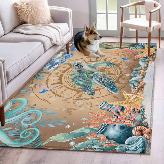 3'x5' Rug for Living Room Bedroom, Sea Turtle Coastal Washable Area Rugs Non-Slip Carpet Mats, Summer Nautical Starfish Coral Brown Anchor Indoor Low Pile Area Rug Runner for Kitchen, Mudroom