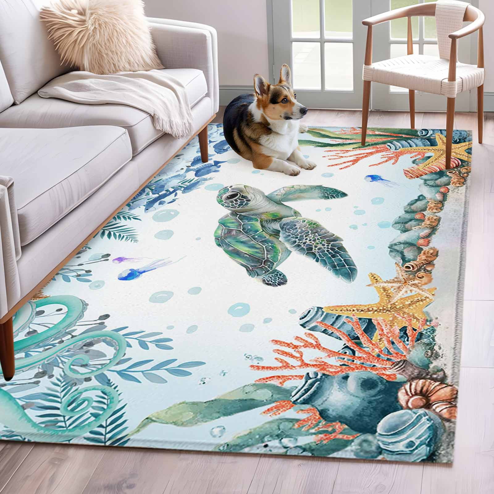 3'x5' Rug for Living Room Bedroom, Sea Turtle Coastal Washable Area Rugs Non-Slip Carpet Mats, Summer Nautical Starfish Coral Ocean Indoor Low Pile Area Rug Runner for Kitchen, Mudroom