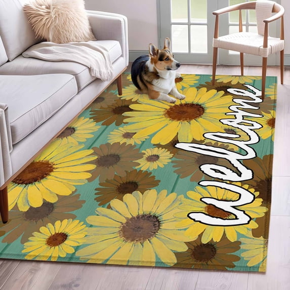 3'x5' Rug for Living Room Bedroom, Spring Daisy Washable Area Rugs Non-Slip Carpet Mats, Green Rustic Botanical Brown Yellow Florals Indoor Low Pile Area Rug Runner for Kitchen, Mudroom