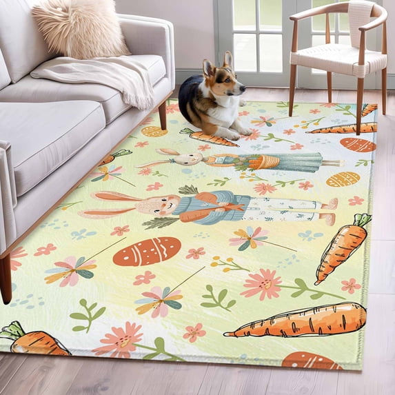 3'x5' Rug for Living Room Bedroom, Spring Easter Washable Area Rugs Non-Slip Carpet Mats, Bunny Carrots Eggs Floral Botanical Colorful Indoor Low Pile Area Rug Runner for Kitchen, Mudroom