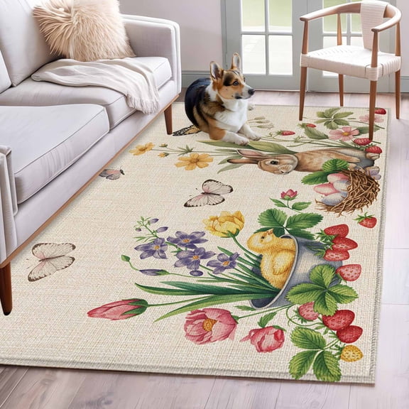 3'x5' Rug for Living Room Bedroom, Spring Easter Washable Area Rugs Non-Slip Carpet Mats, Country Bunny Chick Floral Butterflies Burlap Indoor Low Pile Area Rug Runner for Kitchen, Mudroom