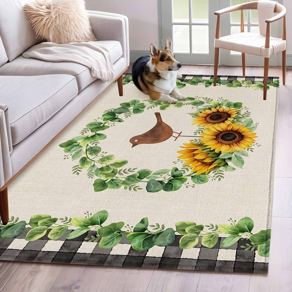 3'x5' Rug for Living Room Bedroom, Spring Eucalyptus Sunflower Washable Area Rugs Non-Slip Carpet Mats, Farmhouse Birds Rustic Burlap Indoor Low Pile Area Rug Runner for Kitchen, Mudroom