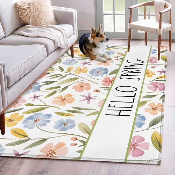 3'x5' Rug for Living Room Bedroom, Spring Floral Washable Area Rugs Non-Slip Carpet Mats, Colorful Flowers Elegant Pastoral Indoor Low Pile Area Rug Runner for Kitchen, Mudroom