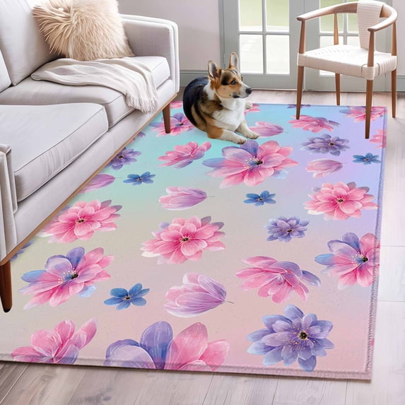 3'x5' Rug for Living Room Bedroom, Spring Floral Washable Area Rugs Non-Slip Carpet Mats, Purple Pink Blue Flower Summer Botanical Indoor Low Pile Area Rug Runner for Kitchen, Mudroom