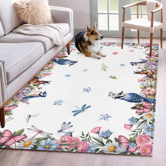 3'x5' Rug for Living Room Bedroom, Spring Floral Washable Area Rugs Non-Slip Carpet Mats, Watercolor Flower Butterflies Birds Plant Indoor Low Pile Area Rug Runner for Kitchen, Mudroom