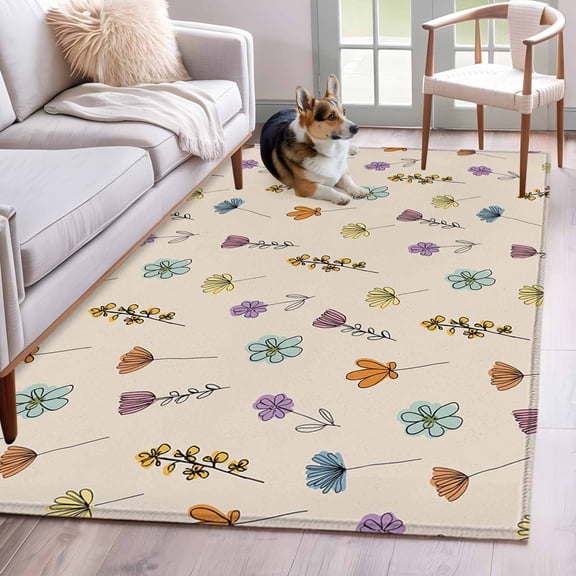 3'x5' Rug for Living Room Bedroom, Spring Flowers Washable Area Rugs Non-Slip Carpet Mats, Vintage Wildflowers Country Pastoral Plants Indoor Low Pile Area Rug Runner for Kitchen, Mudroom