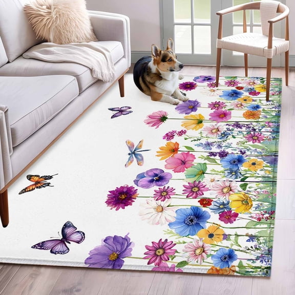 3'x5' Rug for Living Room Bedroom, Spring Flowers Washable Area Rugs Non-Slip Carpet Mats, Watercolor Butterfly Dragonfly Daisy Country Indoor Low Pile Area Rug Runner for Kitchen, Mudroom
