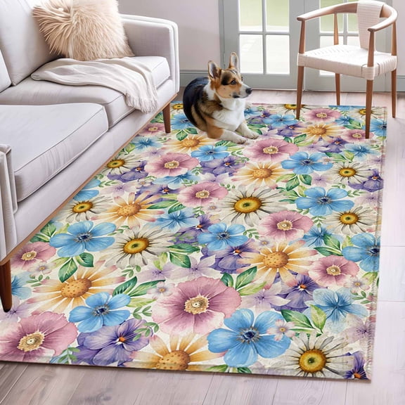 3'x5' Rug for Living Room Bedroom, Spring Flowers Washable Area Rugs Non-Slip Carpet Mats, Watercolor Floral Daisy Plants Country Indoor Low Pile Area Rug Runner for Kitchen, Mudroom