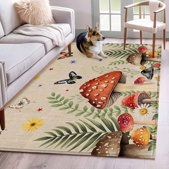 3'x5' Rug for Living Room Bedroom, Spring Mushrooms Washable Area Rugs Non-Slip Carpet Mats, Farmhouse Pastoral Botanical Rustic Indoor Low Pile Area Rug Runner for Kitchen, Mudroom