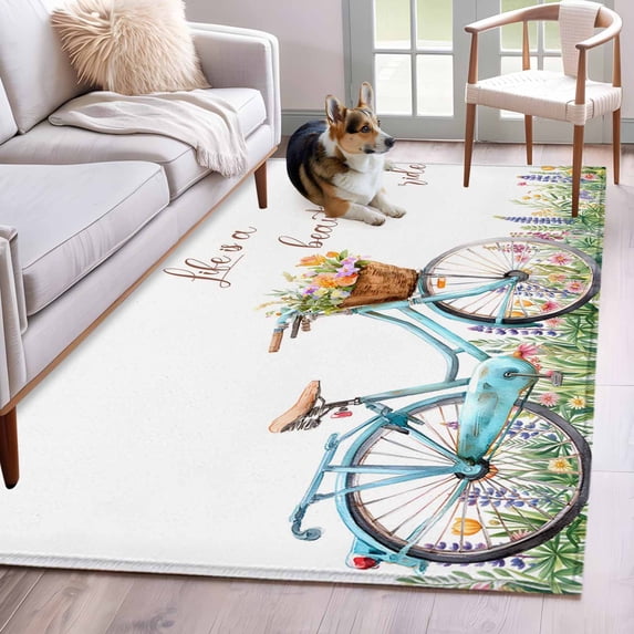 3'x5' Rug for Living Room Bedroom, Spring Washable Area Rugs Non-Slip Carpet Mats, Farmhouse Bicycle Botanical Floral Flowers Indoor Low Pile Area Rug Runner for Kitchen, Mudroom