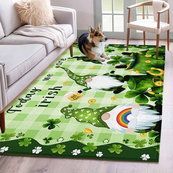 3'x5' Rug for Living Room Bedroom, St. Patrick's Day Washable Area Rugs Non-Slip Carpet Mats, Green Gnomes Shamrock Gold Coin Indoor Low Pile Area Rug Runner for Kitchen, Mudroom
