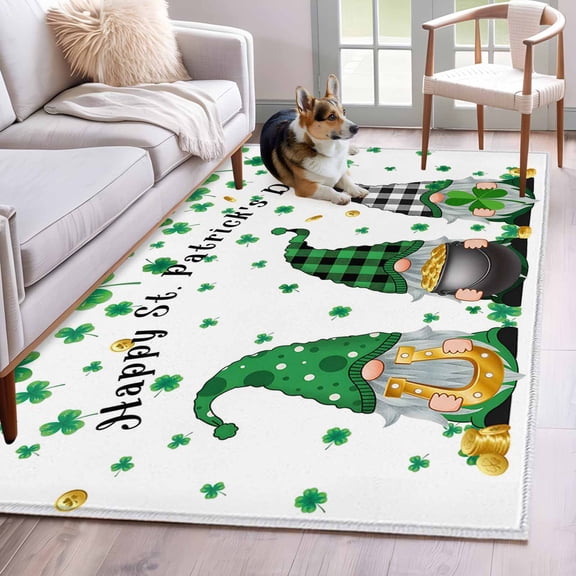 3'x5' Rug for Living Room Bedroom, St. Patrick's Day Washable Area Rugs Non-Slip Carpet Mats, Green Gnomes Shamrock Gold Coin Plaid Indoor Low Pile Area Rug Runner for Kitchen, Mudroom