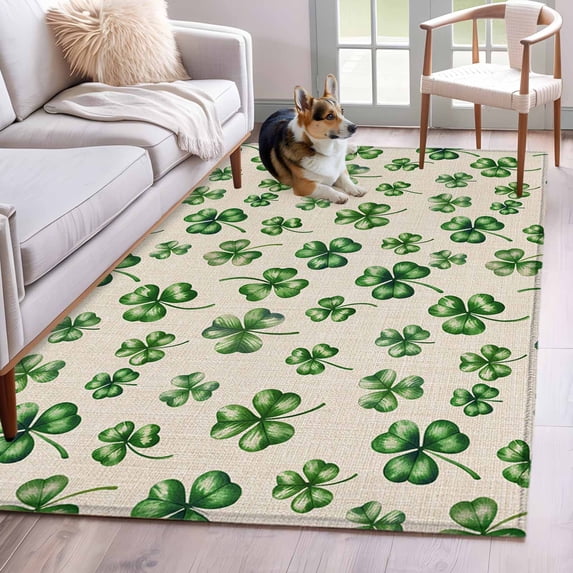 3'x5' Rug for Living Room Bedroom, St. Patrick's Day Washable Area Rugs Non-Slip Carpet Mats, Green Lucky Clovers Watercolor Rustic Indoor Low Pile Area Rug Runner for Kitchen, Mudroom