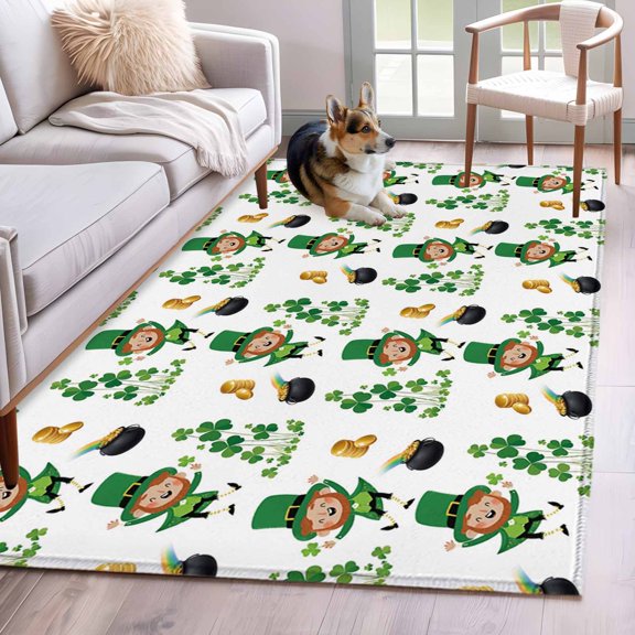 3'x5' Rug for Living Room Bedroom, St. Patrick's Day Washable Area Rugs Non-Slip Carpet Mats, Green Shamrock Gingerbread Man Gold Coin Indoor Low Pile Area Rug Runner for Kitchen, Mudroom