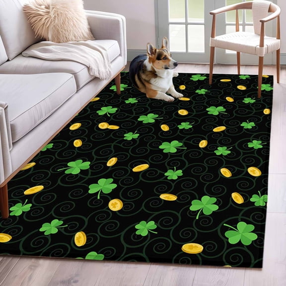 3'x5' Rug for Living Room Bedroom, St. Patrick's Day Washable Area Rugs Non-Slip Carpet Mats, Green Shamrock Gold Coin Minimalist Black Indoor Low Pile Area Rug Runner for Kitchen, Mudroom