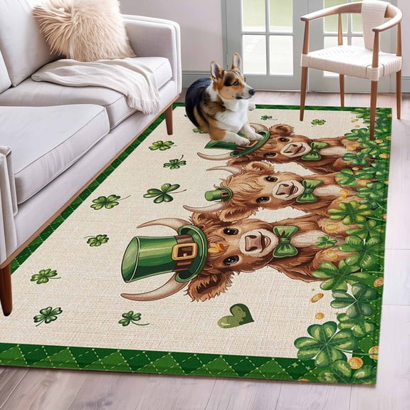 3'x5' Rug for Living Room Bedroom, St. Patrick's Day Washable Area Rugs Non-Slip Carpet Mats, Green Shamrock Highland Cow Glod Coin Beige Indoor Low Pile Area Rug Runner for Kitchen, Mudroom