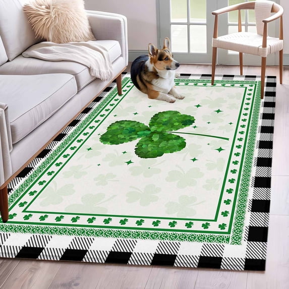 3'x5' Rug for Living Room Bedroom, St. Patrick's Day Washable Area Rugs Non-Slip Carpet Mats, Spring Green Shamrock Black White Plaid Indoor Low Pile Area Rug Runner for Kitchen, Mudroom