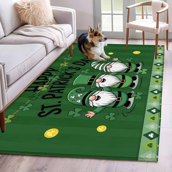 3'x5' Rug for Living Room Bedroom, St Patricks Day Washable Area Rugs Non-Slip Carpet Mats, Gnomes Green Shamrock Spring Gold Coin Striped Indoor Low Pile Area Rug Runner for Kitchen, Mudroom