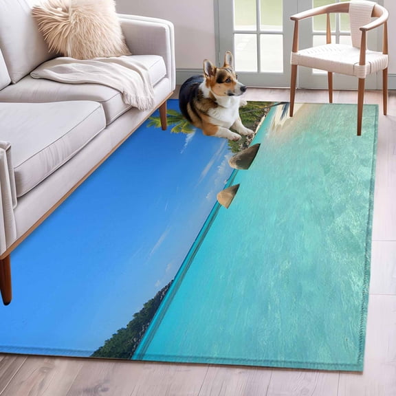 3'x5' Rug for Living Room Bedroom, Summer Beach Washable Area Rugs Non-Slip Carpet Mats, Palm Tree Tropical Botanical Ocean Blue Sky Indoor Low Pile Area Rug Runner for Kitchen, Mudroom