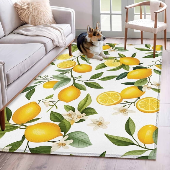 3'x5' Rug for Living Room Bedroom, Summer Lemons Washable Area Rugs Non-Slip Carpet Mats, Farmhouse Tropical Fruits Floral Country Indoor Low Pile Area Rug Runner for Kitchen, Mudroom