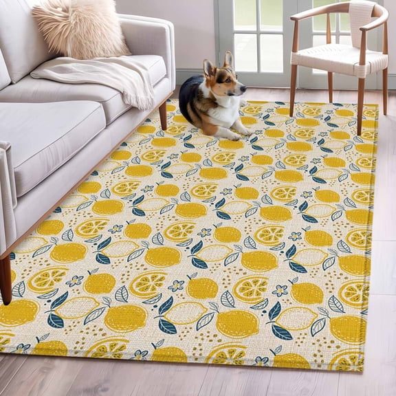 3'x5' Rug for Living Room Bedroom, Summer Lemons Washable Area Rugs Non-Slip Carpet Mats, Modern Botanical Leaves Vintage Indoor Low Pile Area Rug Runner for Kitchen, Mudroom