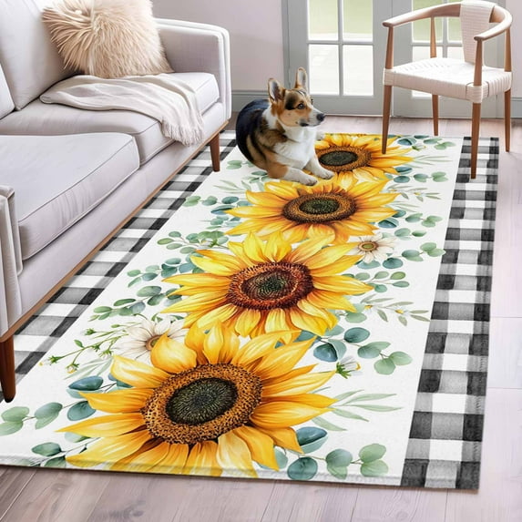 3'x5' Rug for Living Room Bedroom, Sunflower Washable Area Rugs Non-Slip Carpet Mats, Yellow Floral Black Plaid Eucalyptus Leaves Indoor Low Pile Area Rug Runner for Kitchen, Mudroom