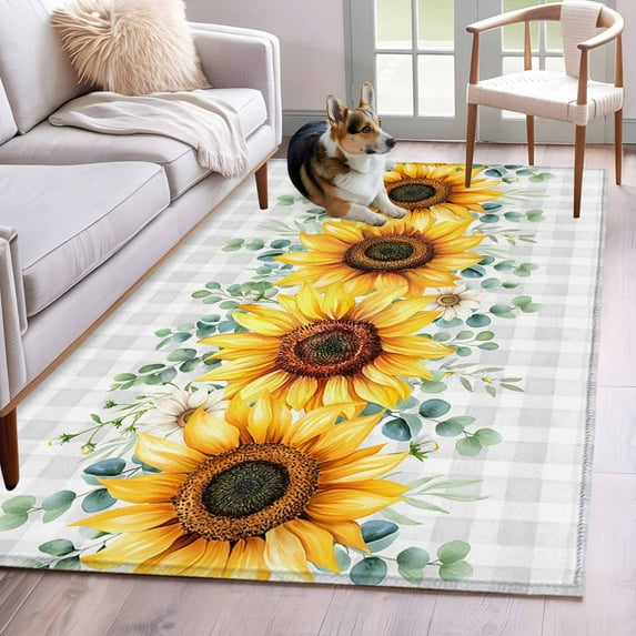 3'x5' Rug for Living Room Bedroom, Sunflower Washable Area Rugs Non-Slip Carpet Mats, Yellow Floral Grey Plaid Eucalyptus Leaves Indoor Low Pile Area Rug Runner for Kitchen, Mudroom