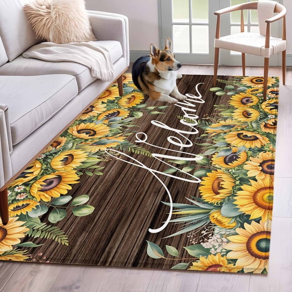3'x5' Rug for Living Room Bedroom, Sunflower Washable Area Rugs Non-Slip Carpet Mats, Yellow Summer Botanical Wooden Farmhouse Indoor Low Pile Area Rug Runner for Kitchen, Mudroom