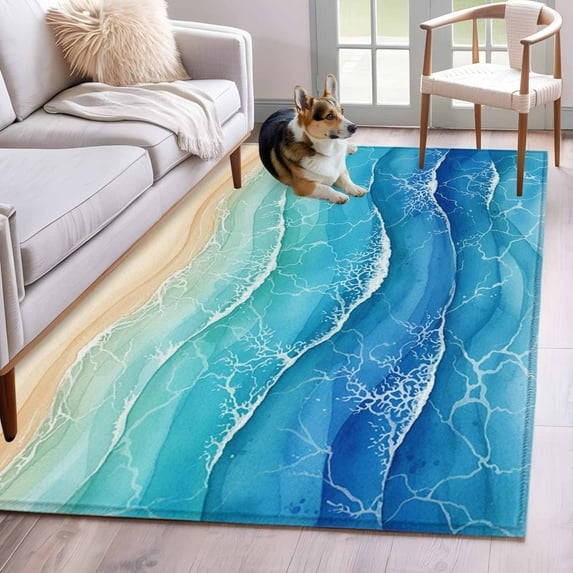 3'x5' Rug for Living Room Bedroom, Teal Blue Ombre Washable Area Rugs Non-Slip Carpet Mats, Summer Beach Abstract Ocean Wave Indoor Low Pile Area Rug Runner for Kitchen, Mudroom