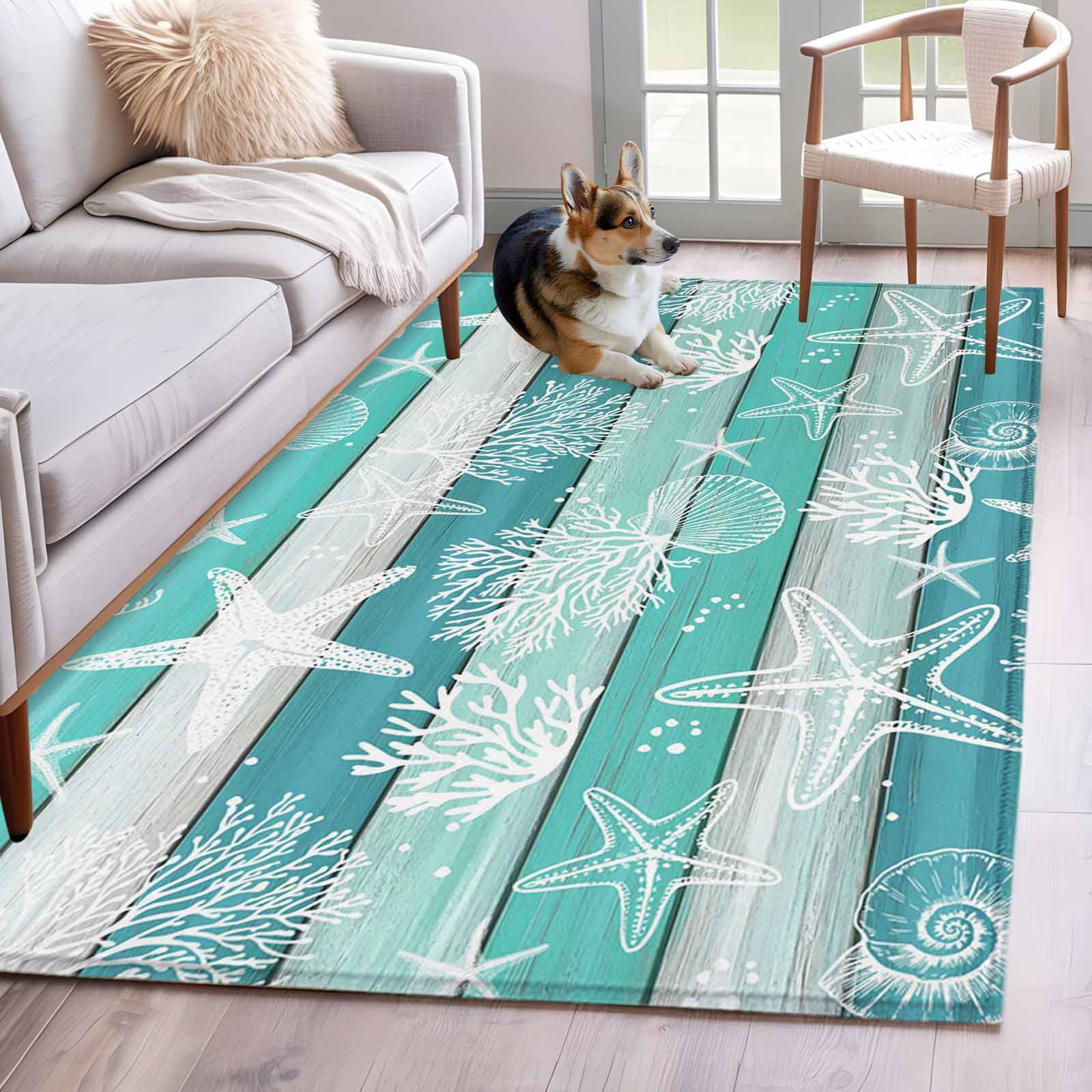 3'x5' Rug for Living Room Bedroom, Teal Coastal Beach Washable Area Rugs Non-Slip Carpet Mats, Nautical Starfish Coral Vintage Wooden Indoor Low Pile Area Rug Runner for Kitchen, Mudroom