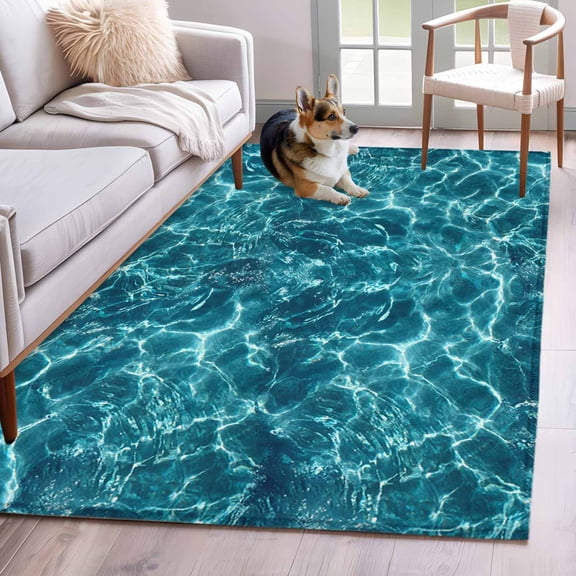 3'x5' Rug for Living Room Bedroom, Teal Green Ocean Waves Washable Area Rugs Non-Slip Carpet Mats, Summer Sea Pool Indoor Low Pile Area Rug Runner for Kitchen, Mudroom