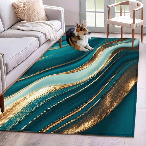 3'x5' Rug for Living Room Bedroom, Teal Marble Washable Area Rugs Non-Slip Carpet Mats, Modern Abstract Gold Fluid Art Indoor Low Pile Area Rug Runner for Kitchen, Mudroom