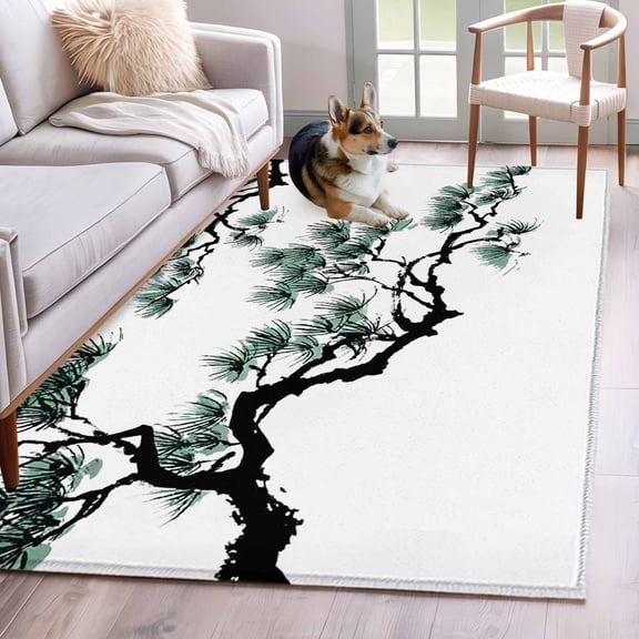 3'x5' Rug for Living Room Bedroom, Teal Pine Tree Washable Area Rugs Non-Slip Carpet Mats, Farmhouse Botanical Country Indoor Low Pile Area Rug Runner for Kitchen, Mudroom
