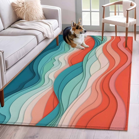 3'x5' Rug for Living Room Bedroom, Teal Red Ocean Waves Washable Area Rugs Non-Slip Carpet Mats, Summer Beach Coastal Abstract Indoor Low Pile Area Rug Runner for Kitchen, Mudroom
