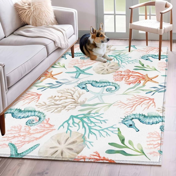 3'x5' Rug for Living Room Bedroom, Teal Red Seahorse Coastal Washable Area Rugs Non-Slip Carpet Mats, Nautical Beach Coral Starfish Indoor Low Pile Area Rug Runner for Kitchen, Mudroom
