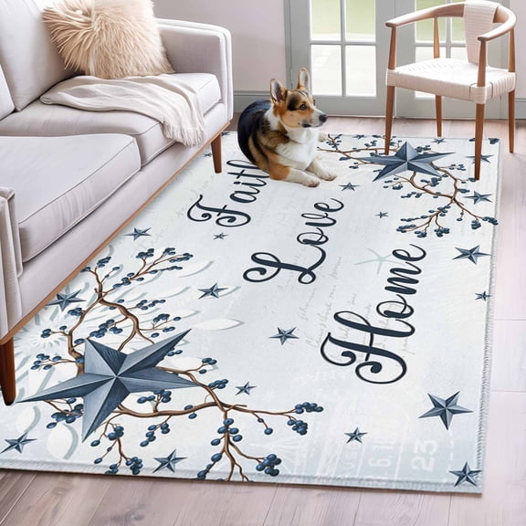 3'x5' Rug for Living Room Bedroom, Texas Star Country Washable Area Rugs Non-Slip Carpet Mats, Blue Farmhouse Branches Indoor Low Pile Area Rug Runner for Kitchen, Mudroom
