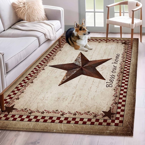 3'x5' Rug for Living Room Bedroom, Texas Star Vintage Washable Area Rugs Non-Slip Carpet Mats, Bless Our Home Western Stars Country Indoor Low Pile Area Rug Runner for Kitchen, Mudroom