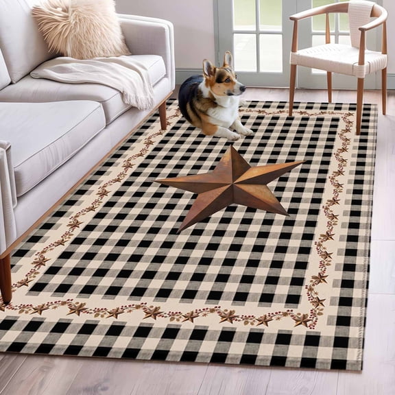 3'x5' Rug for Living Room Bedroom, Texas Star Vintage Washable Area Rugs Non-Slip Carpet Mats, Retro Country Brown Stars Checkered Indoor Low Pile Area Rug Runner for Kitchen, Mudroom