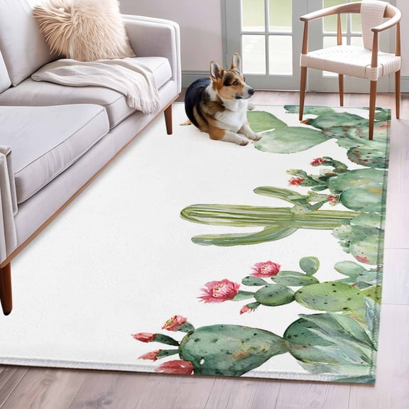 3'x5' Rug for Living Room Bedroom, Tropical Plants Washable Area Rugs Non-Slip Carpet Mats, Summer Botanical Green Cactus Flowers Indoor Low Pile Area Rug Runner for Kitchen, Mudroom